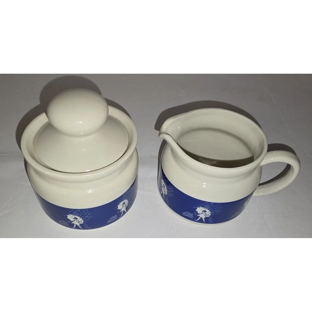 Morton Salt Vintage Cream and Sugar Set Collectible Umbrella Girl White Blue EUC